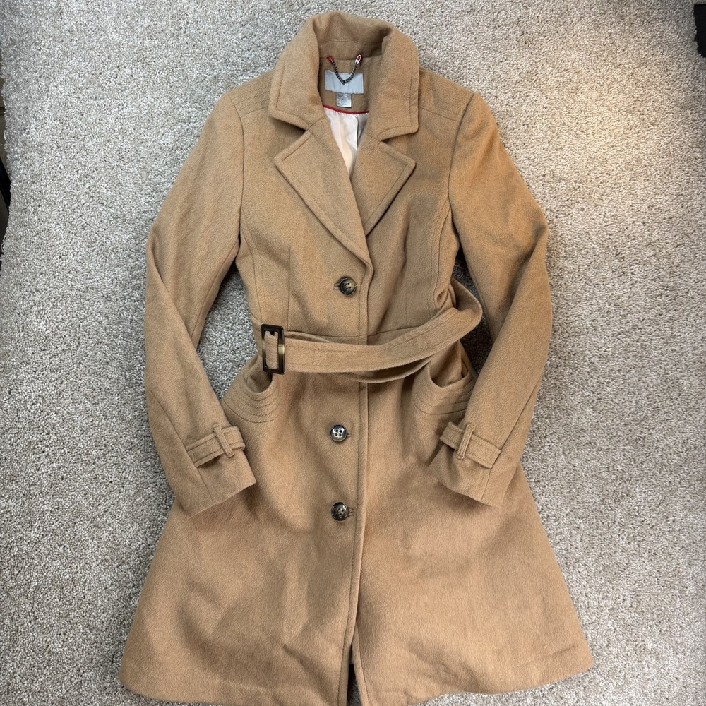 H&M Coat Womens 4 Brown Wool Belted Trench Single Breasted Mid Length Lined